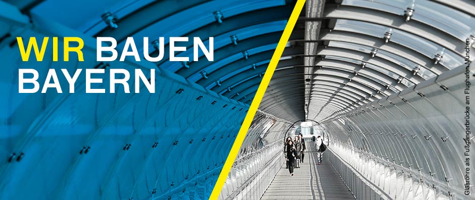 Glasröhre als Fußgängerbrücke am Flughafen München - © Bayerisches Staatsministerium für Wohnen, Bau und Verkehr